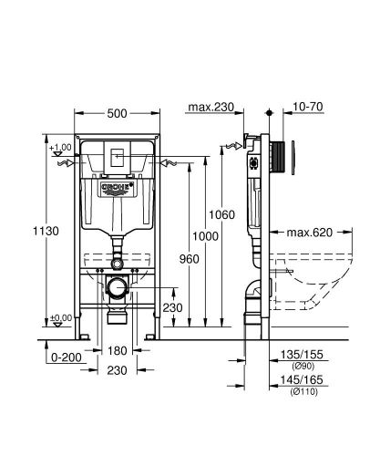 Система инстал. GROHE RAPID для подвесного унитаза (4 в1) квадратная кнопка 1,13 м.(38775001) в Белой Калитве